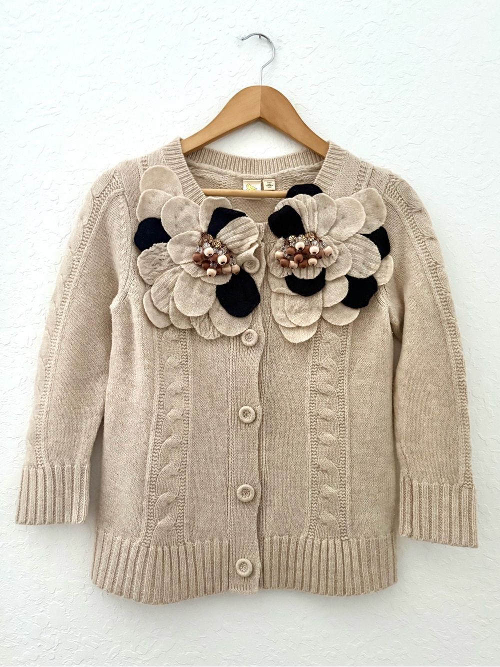 Anthropologie Wool Beige Embellished Flower Knit Cardigan Sweater